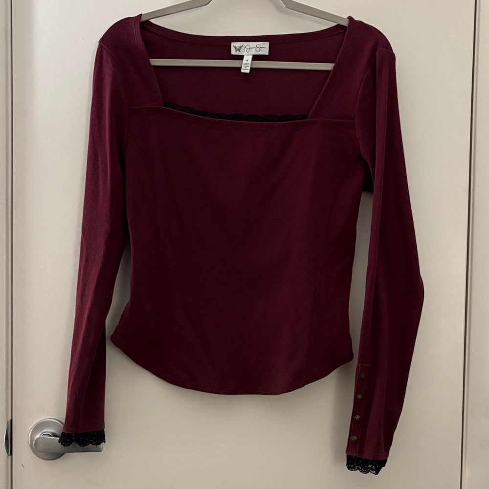 Jessica Simpson Burgundy Long Sleeve Square Lace Neck Flirty Fitted Top SZ M